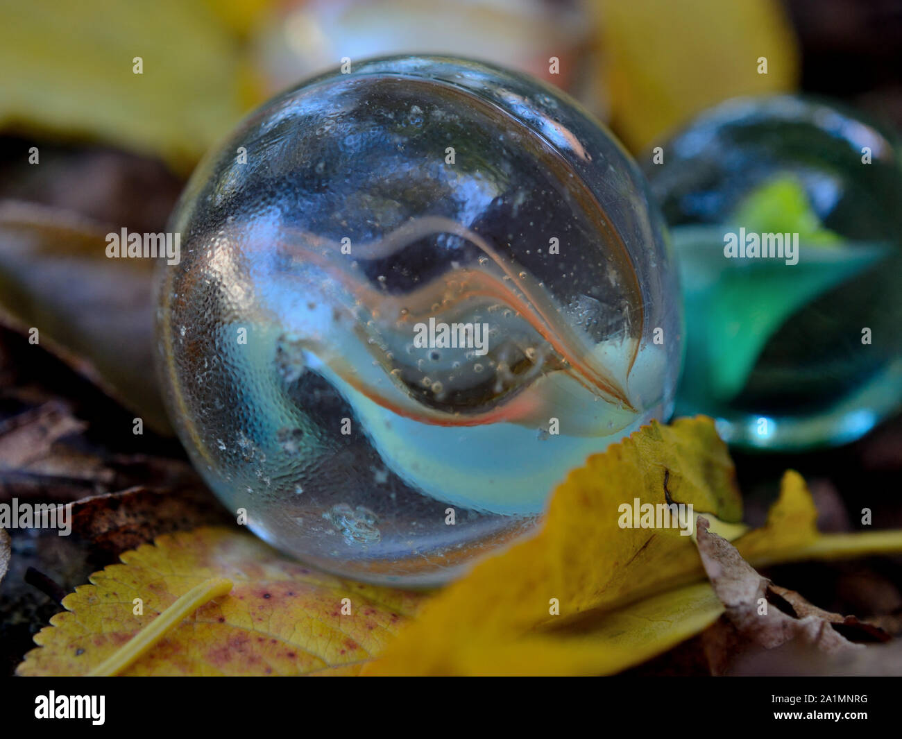 Glasmurmeln im Laub Stockfoto