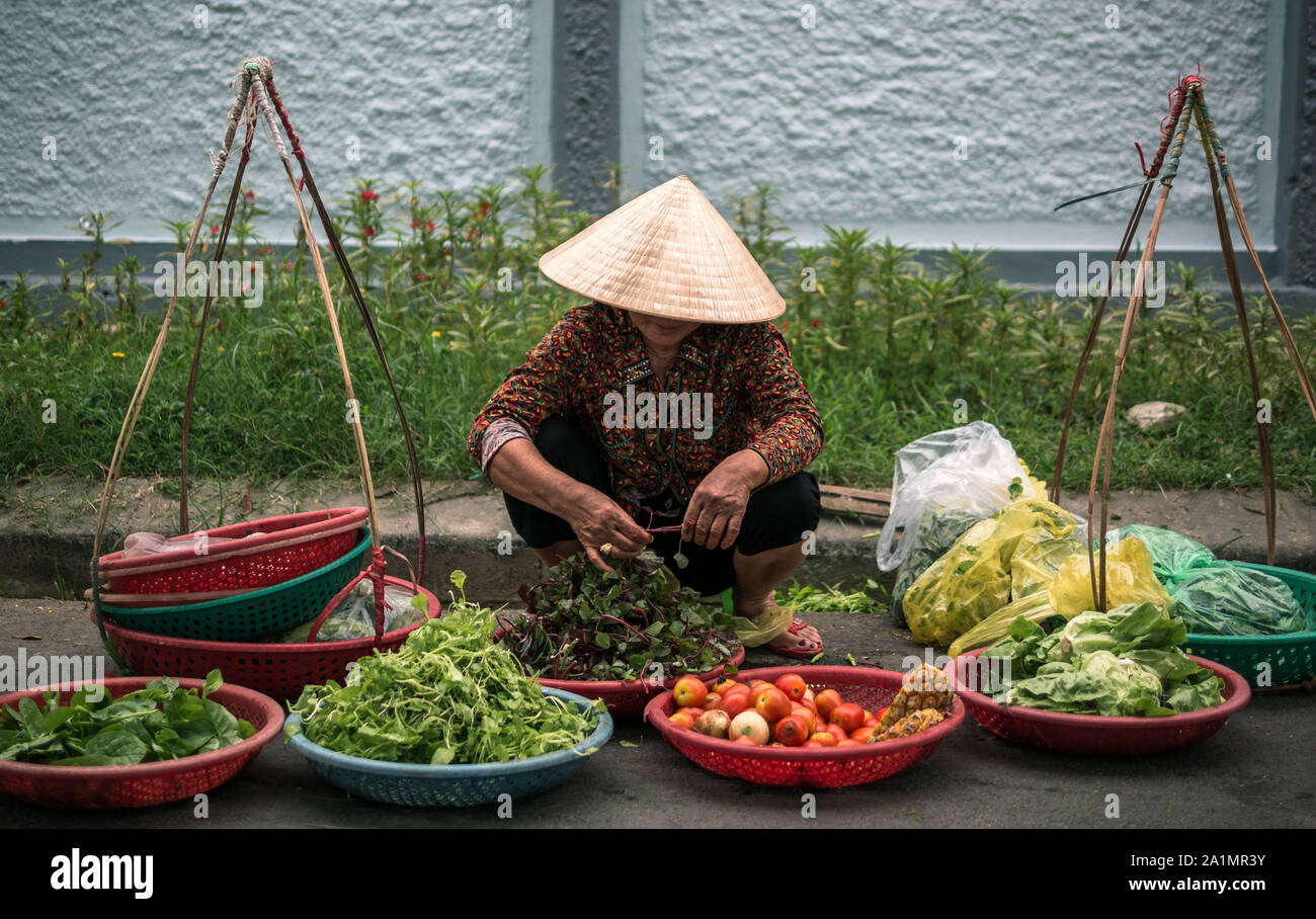 Weibliche vietnamesische Straßenhändler mit konischen hat den Verkauf von Obst und Gemüse in Hue Street Market, Hue, Vietnam Stockfoto