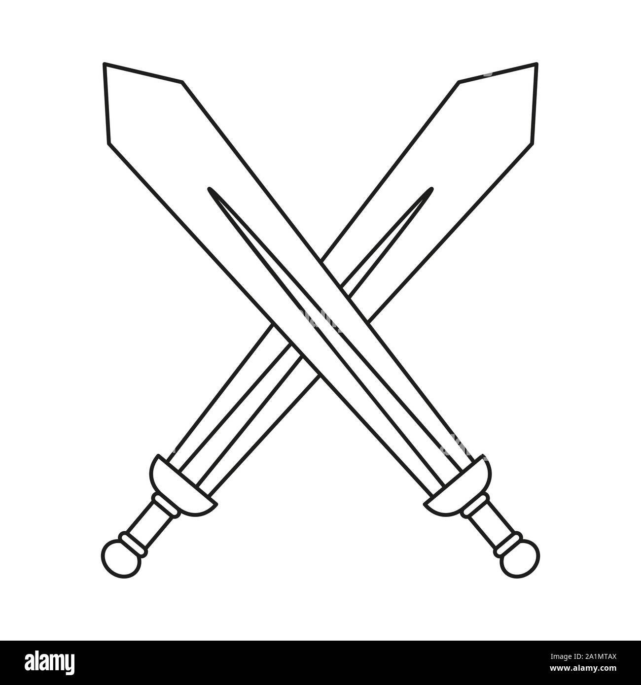 Line Art schwarz-weiss gekreuzten Schwertern. Medieval Festival Requisiten. Märchen Thema Vector Illustration für Symbol, Stempel, Aufkleber, Zertifikat, Geschenkkarten, Stock Vektor