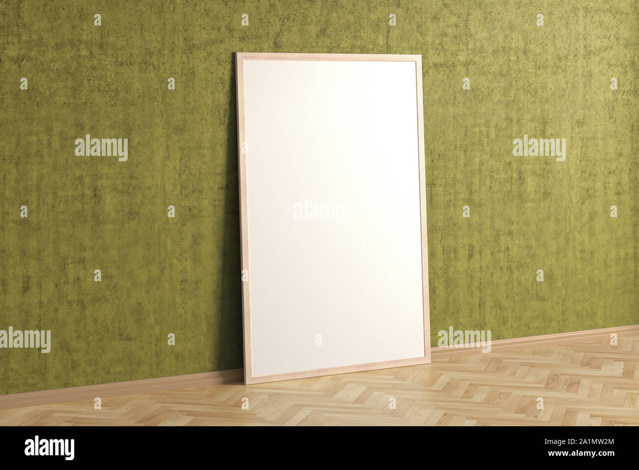 Leeres Poster im Innenraum mit Holzrahmen im gelben Wohnzimmerinnenraum. Stockfoto
