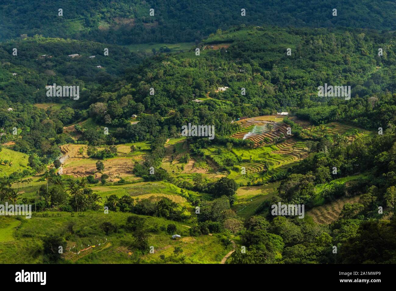Blick aus der Vogelperspektive auf Sri Lankan landwirtschaftliche Dorf am Morgen Stockfoto