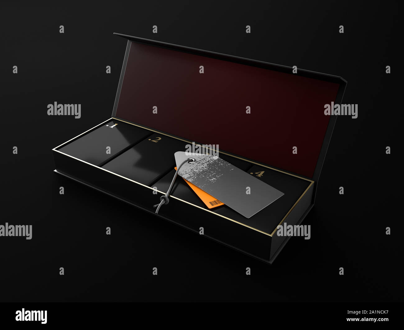 Geöffnet Square Black Boxes Mockup mit vier quadratischen Kasten in und mit Etiketten 3d-Abbildung. Stockfoto