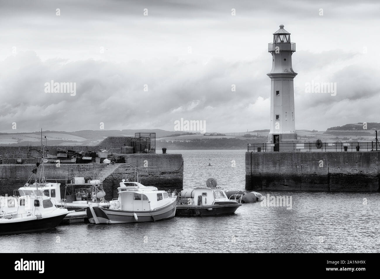 Newhaven Leuchtturm in Schwarz und Weiß, Edinburgh, Schottland. Stockfoto