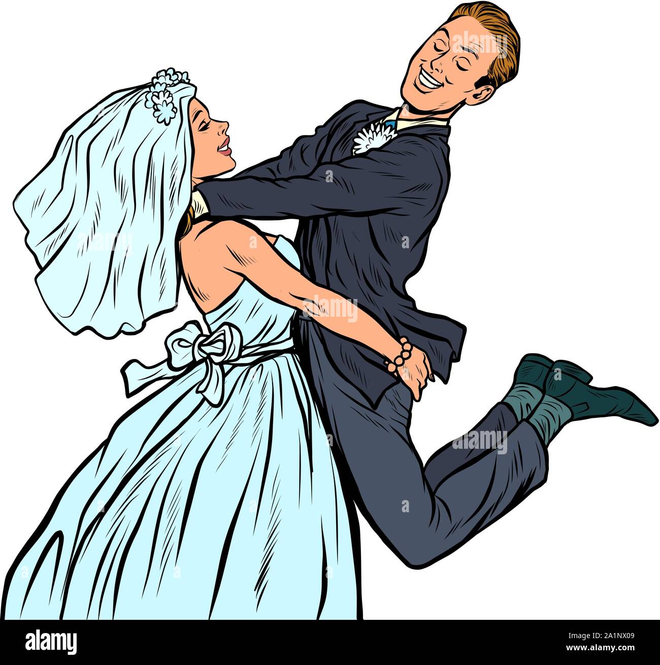 Hochzeit. Glücklich liebende Braut und Bräutigam. Frau trägt Mann. Pop Art retro Vektor illustration Zeichnung Stock Vektor