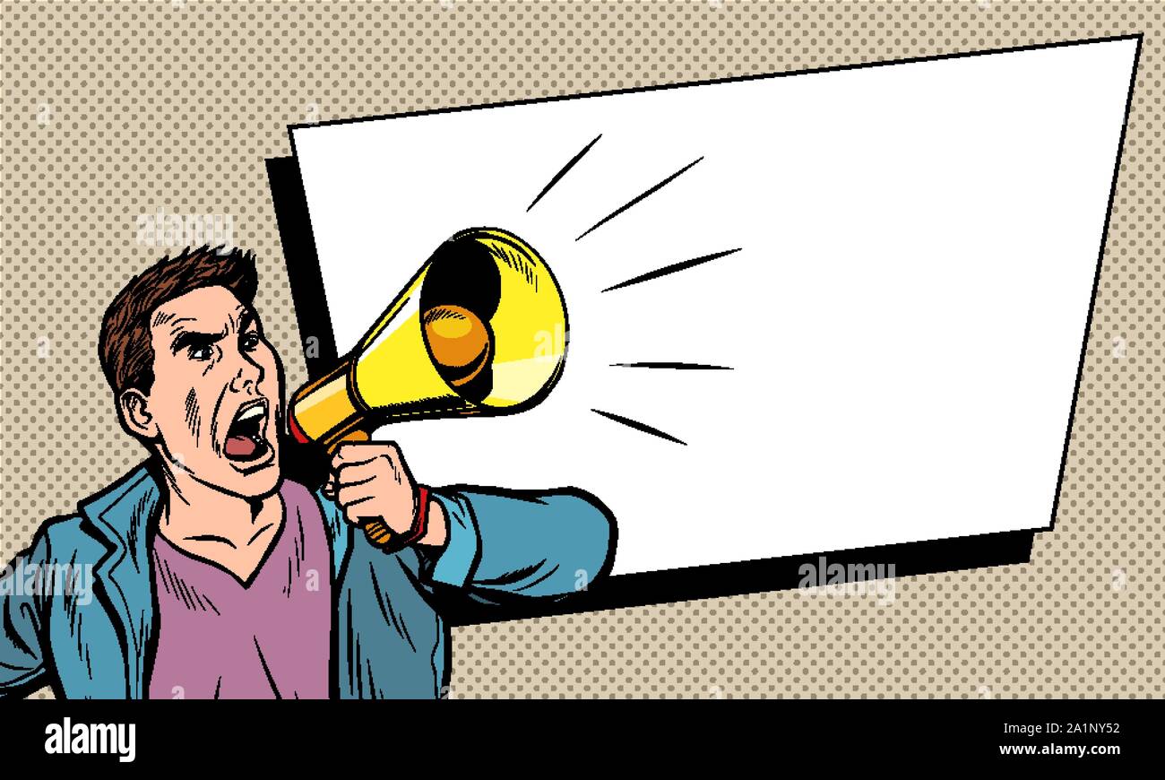 Werbung Plakat. Mann mit Megaphon. business presentation Ankündigung. Pop Art retro Vektor illustration Zeichnung vintage Kitsch Stock Vektor