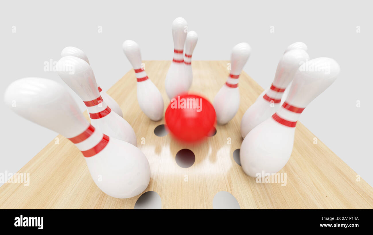 Bowling strike, roter Ball klopft, Bowling Pins. Stockfoto