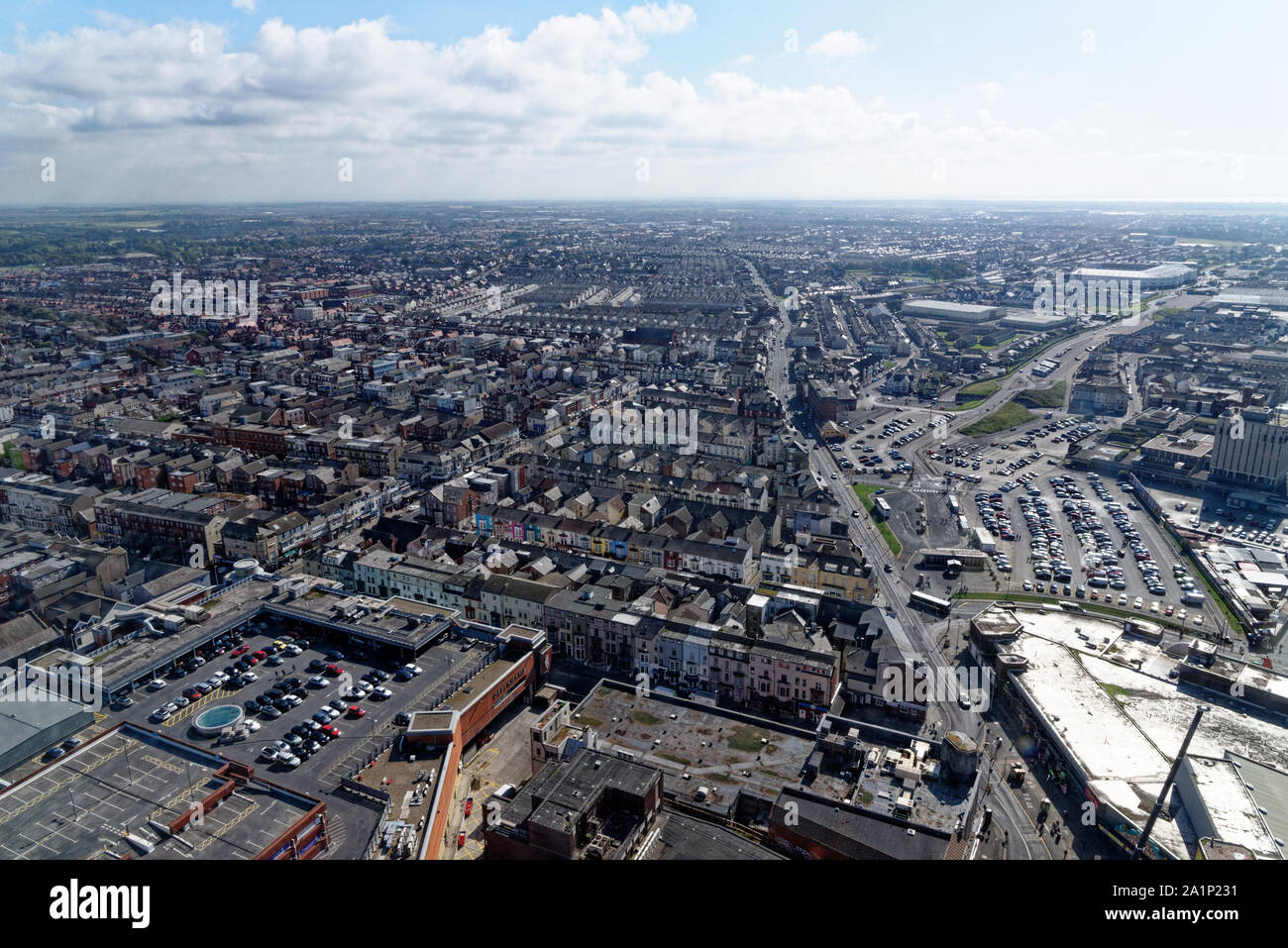 Blick von oben am Blackpool Tower - Blackpool, Lancashire, North West England - Vereinigtes Königreich. 19. September 2019 Stockfoto