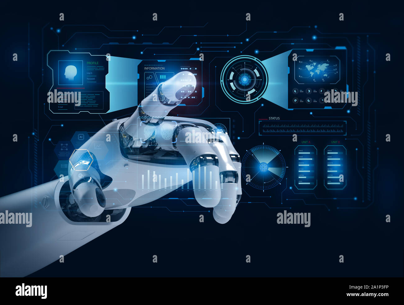 3D-rendering Roboterhand oder Cyborg hand mit grafischer Anzeige Stockfoto