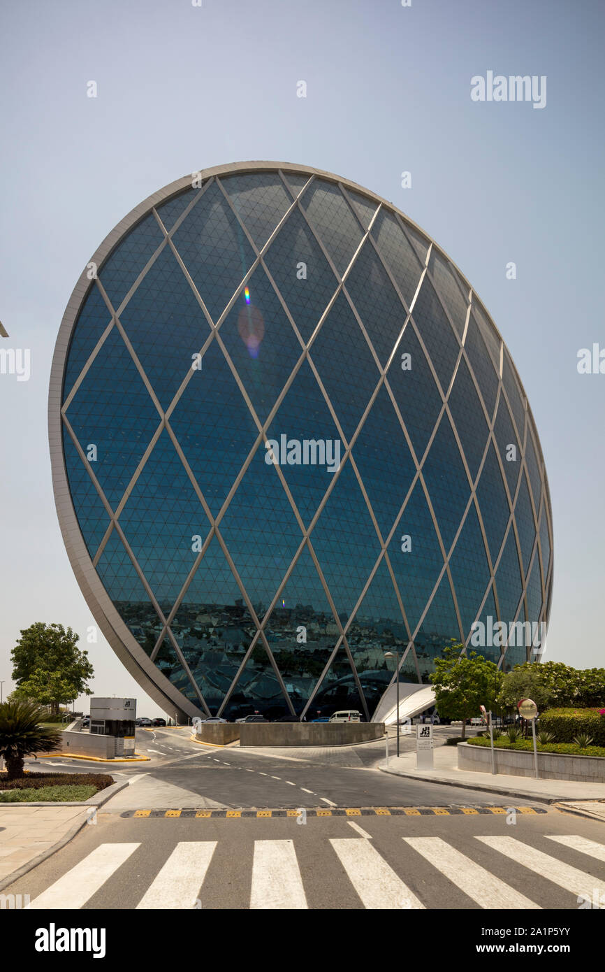 Die Aldar Headquarters Building, Al Raha, Abu Dhabi, Vereinigte Arabische Emirate. Stockfoto