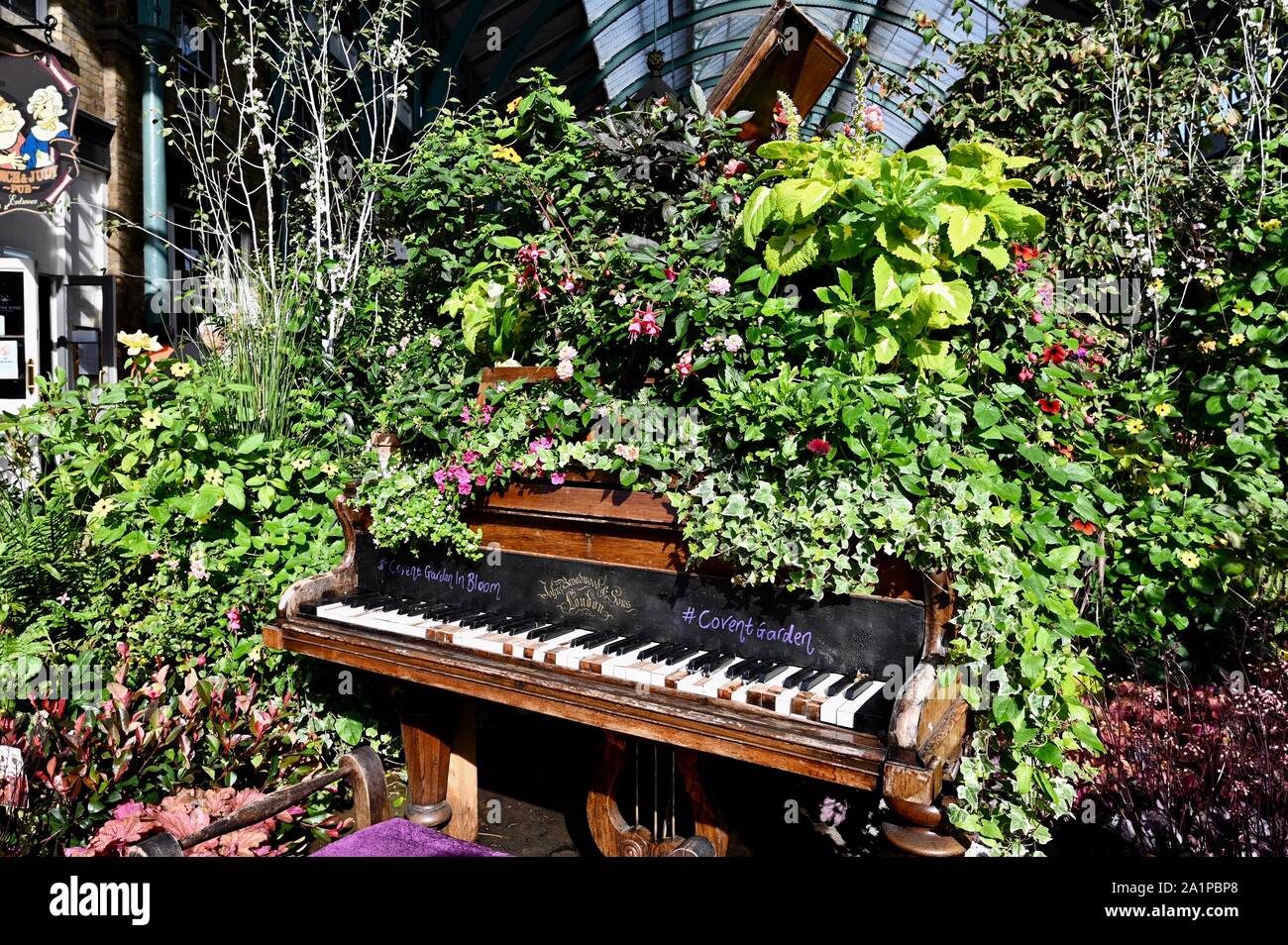 Covent Garden in der Blüte. Florale thematische Veranstaltungen. Instagrammable Installation, Baby Grand Piano, Covent Garden Piazza, London. Großbritannien Stockfoto