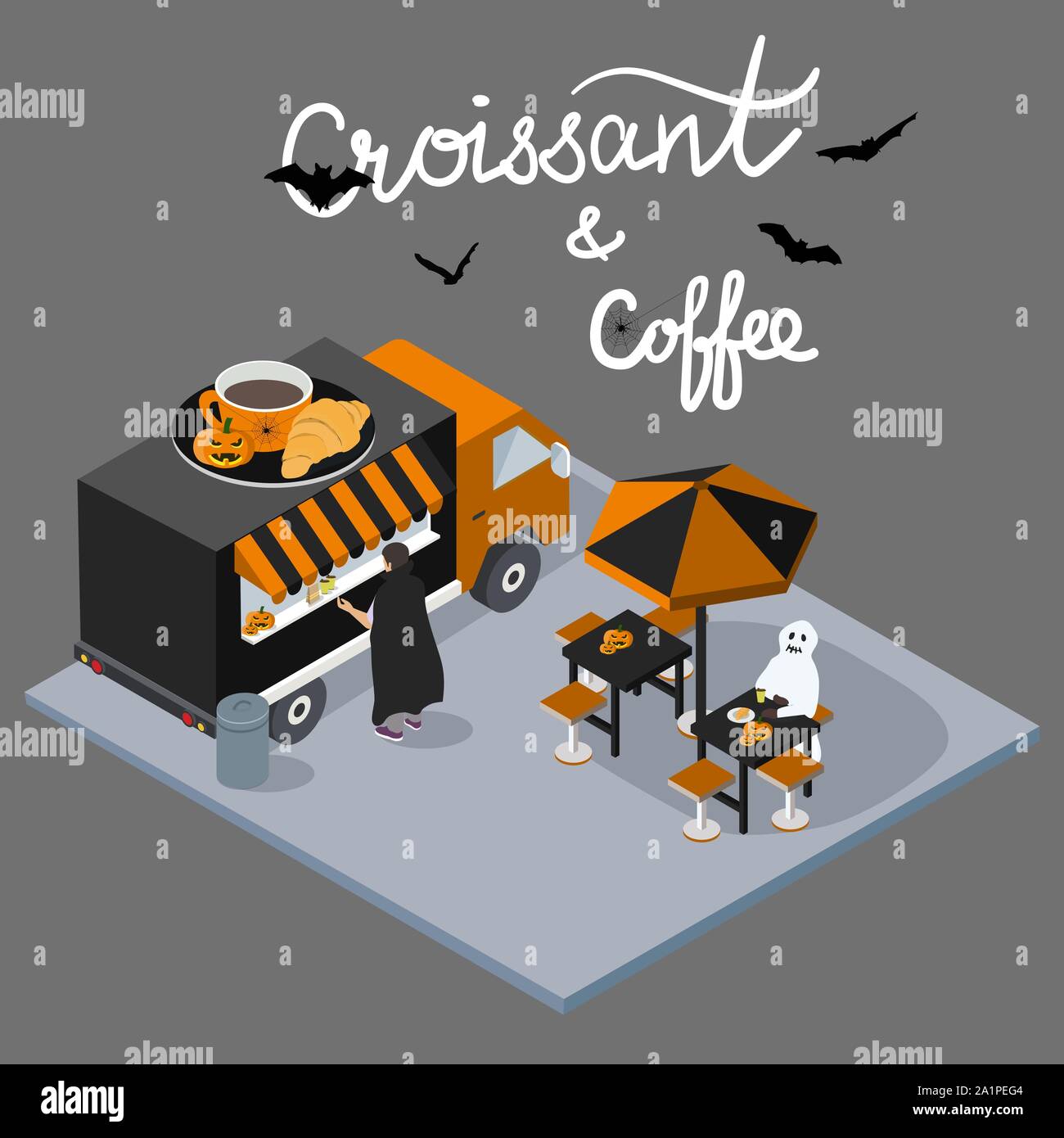 Isometrische Halloween Konzept Kaffee und Croissant, Cafe mit Skript-Schriftzug. Kaffeepause Essen LKW-Lieferung. Street Food Koch Infografik. 3D Stock Vektor