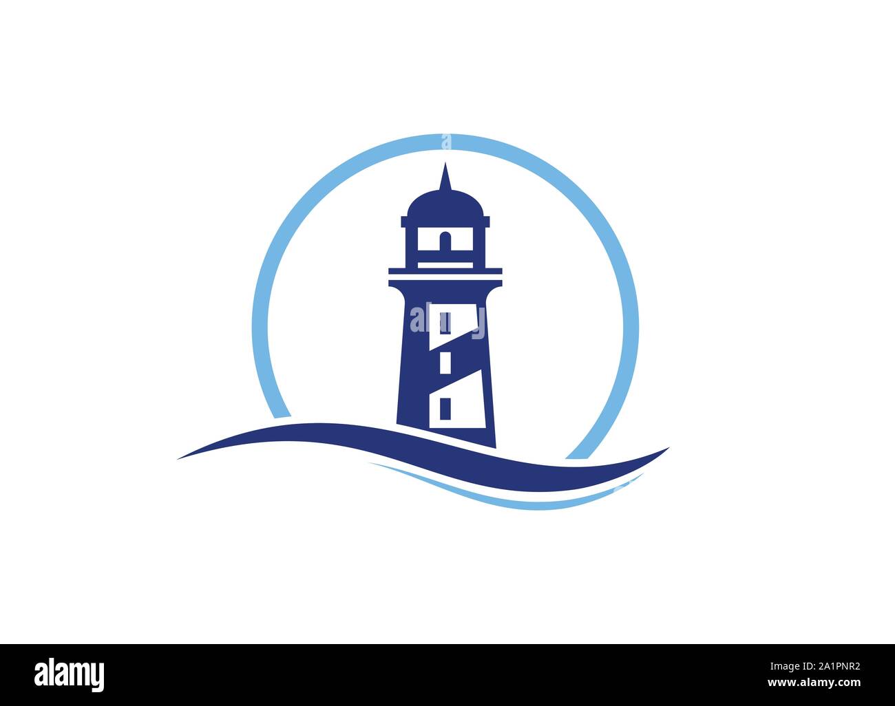 Leuchtturm Logo Design Template vector, Leuchtturm Logo Kreis abstrakt Design vector Template, Leuchtturm Symbol mit Wellen und Möwen. Stock Vektor