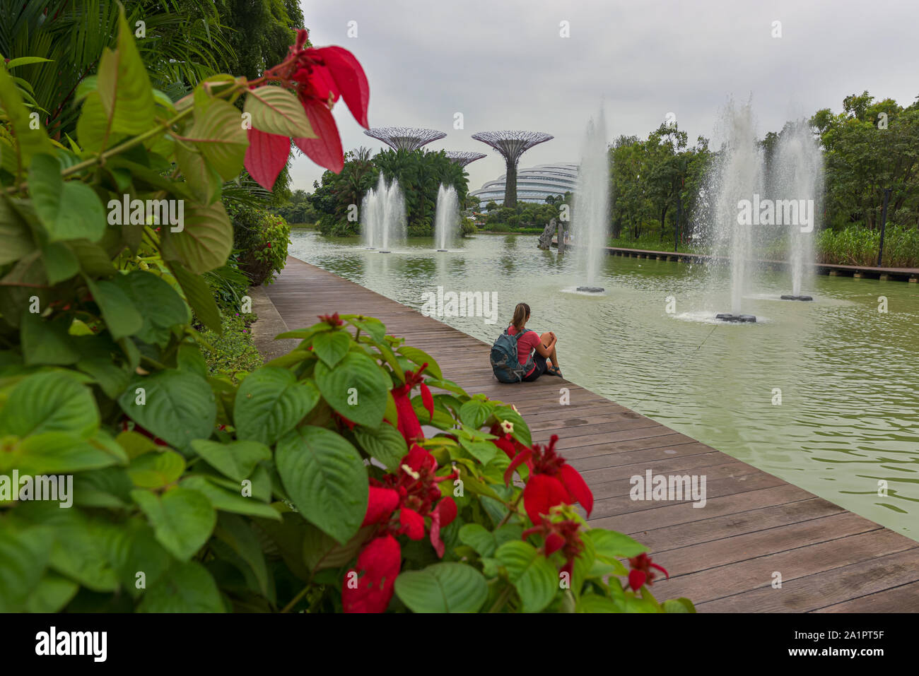 Junge Frau sitzend auf dem Holzsteg durch den Fluss in den Gärten an der Bucht mit Supertrees im Hintergrund, Singapur Stockfoto