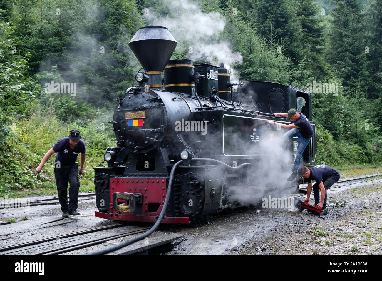 Drei Männer arbeiten auf Lokomotive der alte rumänische Dampfzug von resita Corporation in Viseu Tal, Rumänien Stockfoto