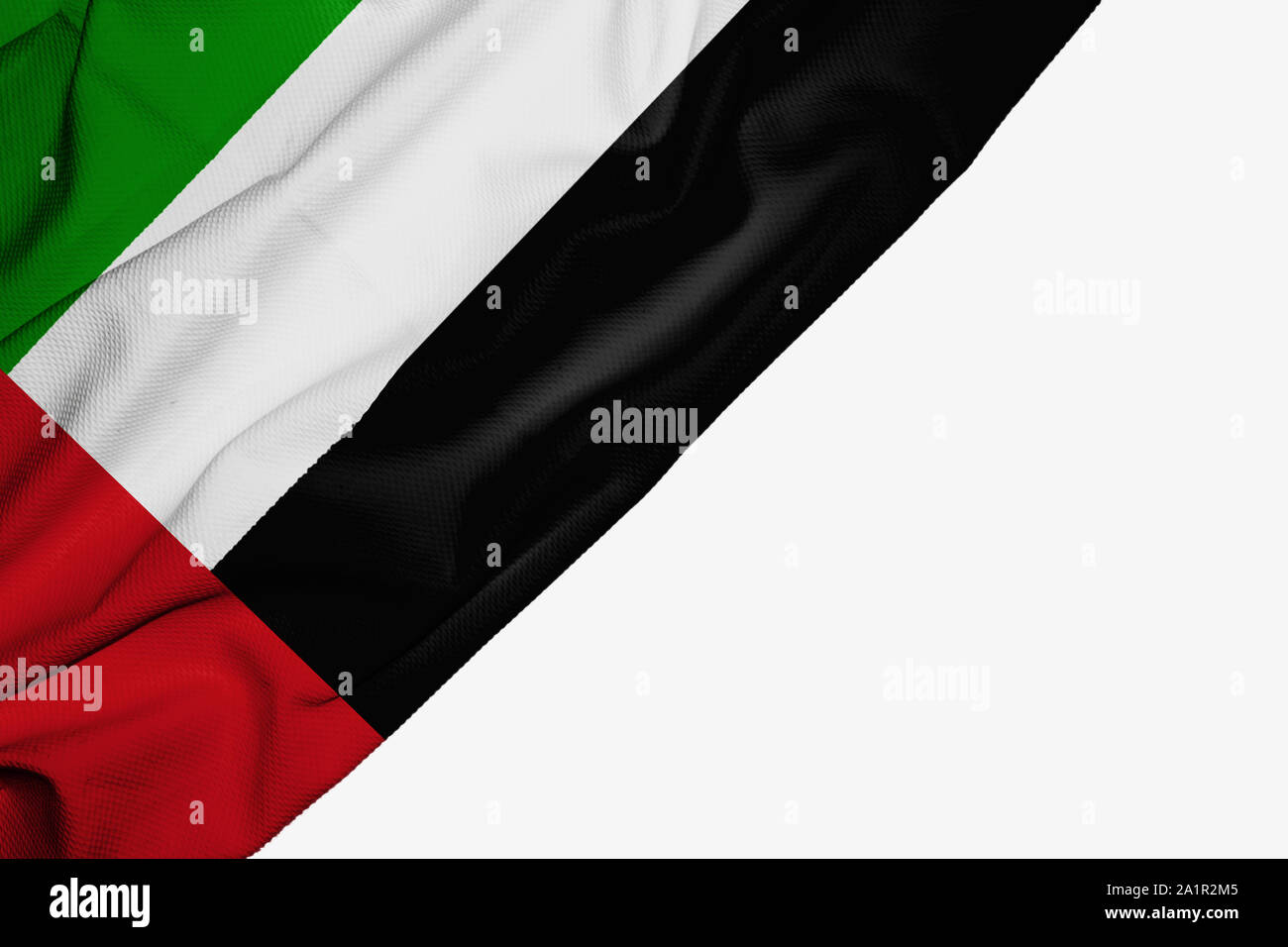 Vereinigte Arabische Emirate Fahne von Gewebe mit Copyspace für Ihren Text auf weißem Hintergrund Stockfoto