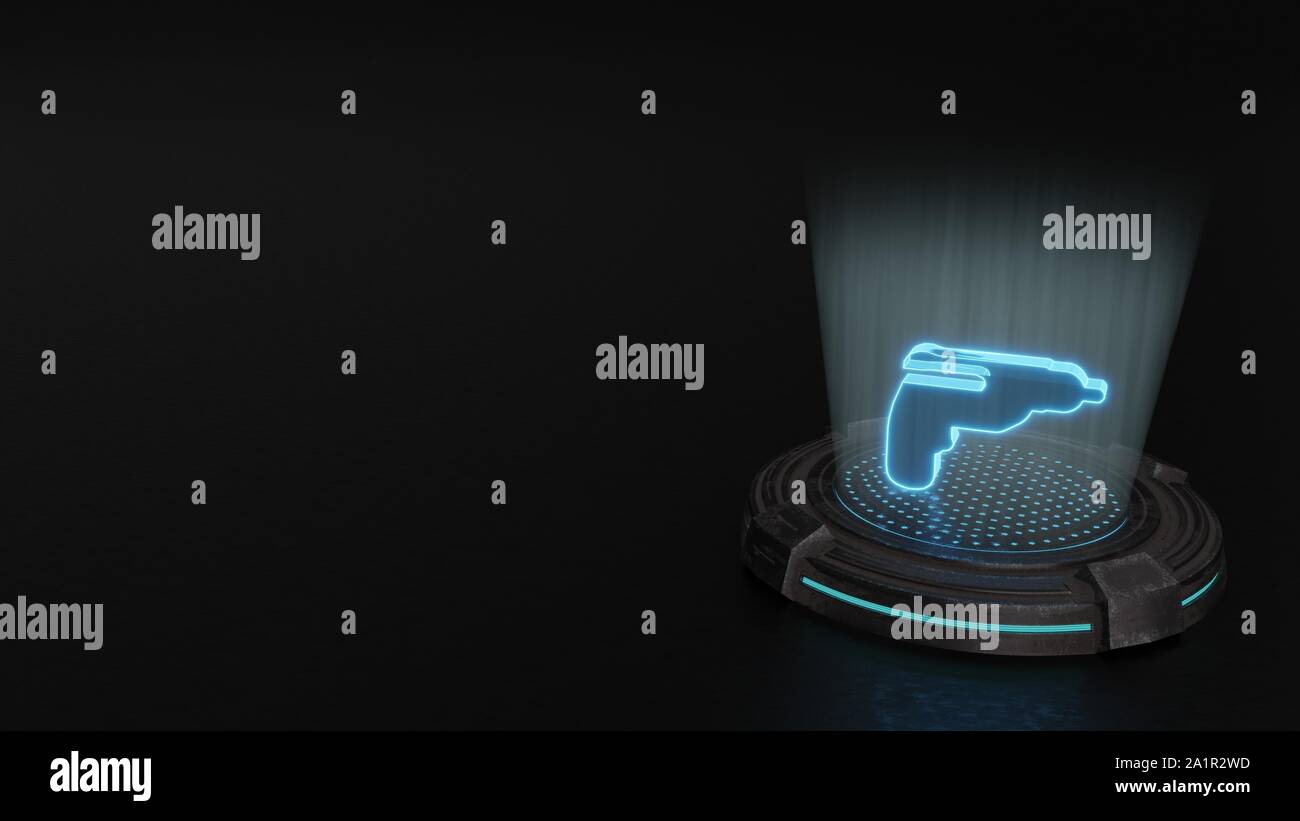 Blaue Streifen digitale Laser 3D-Hologramm Symbol der Handbohrmaschine rendern auf alte Metall sci-fi Pad Hintergrund Stockfoto