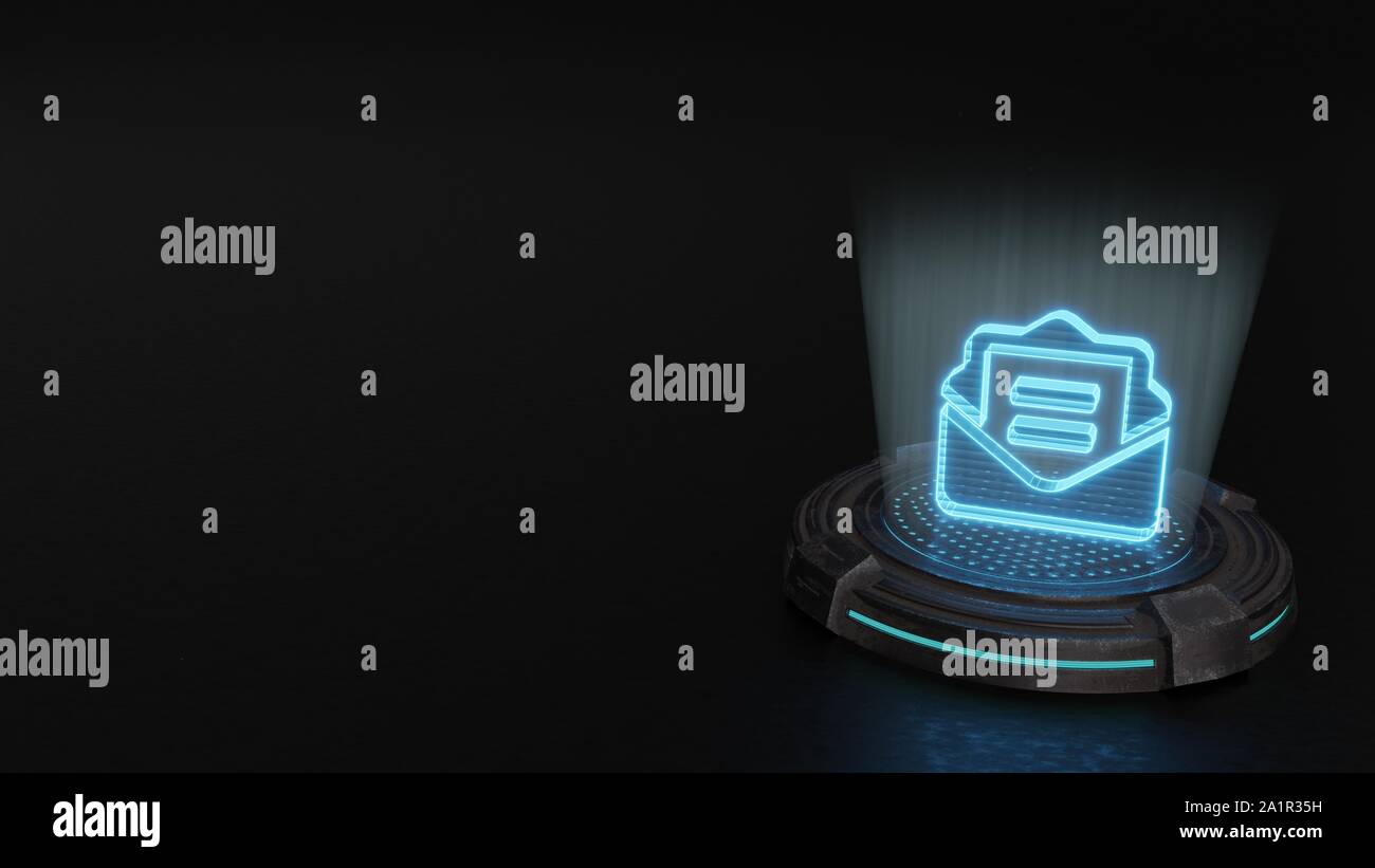 Blaue Streifen digitale Laser 3D-Hologramm Symbol der Umschlag öffnen mit Dokument innerhalb Rendern auf alte Metall sci-fi Pad Hintergrund Stockfoto