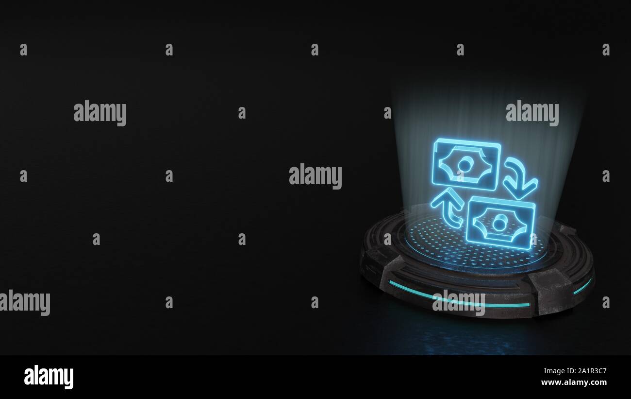 Blaue Streifen digitale Laser 3D-Hologramm Symbol von Banknoten und Pfeile in Zyklus rendern auf alte Metall sci-fi Pad Hintergrund Stockfoto