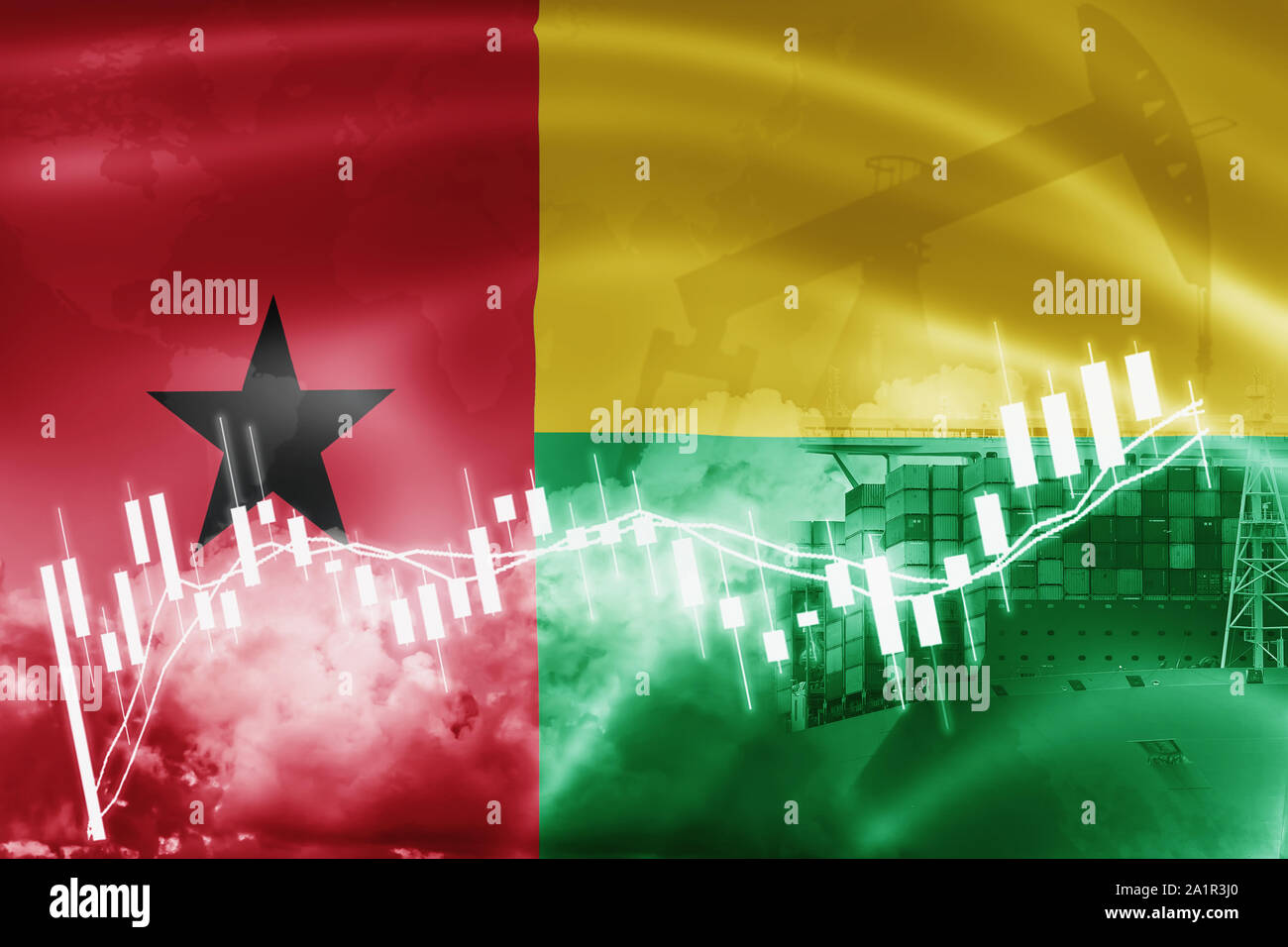 Guinea Bissau Flagge, Börse, Wirtschaft und Handel, die Ölförderung, Containerschiff im Export- und Importgeschäft und Logistik. Stockfoto