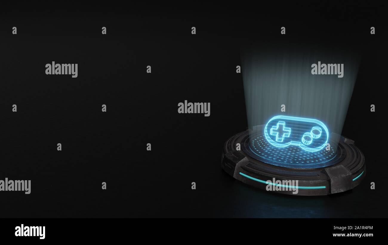 Blaue Streifen digitale Laser 3D-Hologramm Symbol der videospiel-render auf alte Metall sci-fi Pad Hintergrund Stockfoto