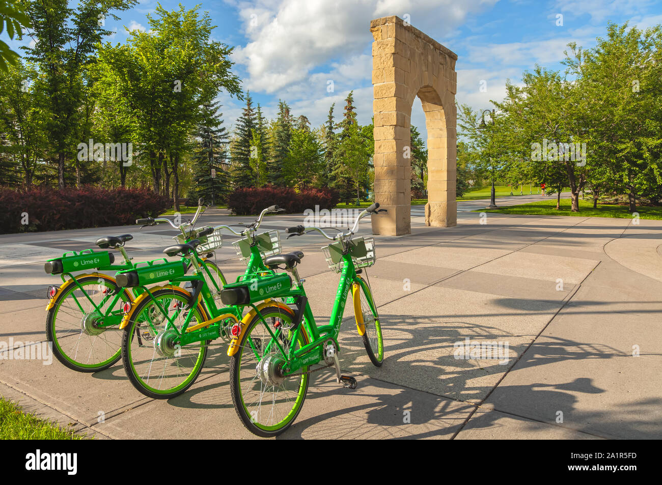 Leihfahrräder im Prince's Island Park, Calgary, Alberta, Kanada Stockfoto