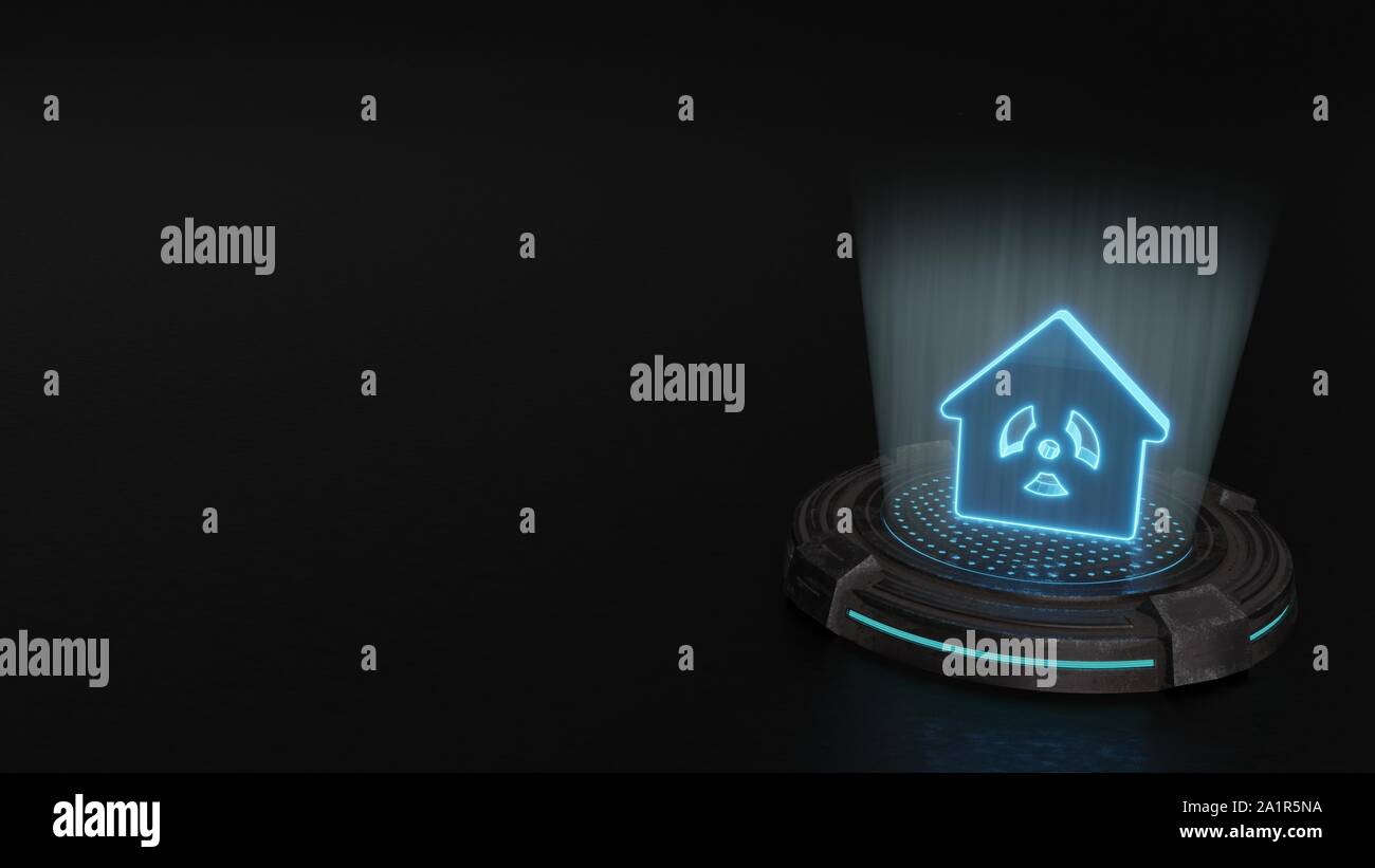 Blaue Streifen digitale Laser 3D-Hologramm Symbol des Hauses mit Strahlung Symbol Rendern auf alte Metall sci-fi Pad Hintergrund Stockfoto