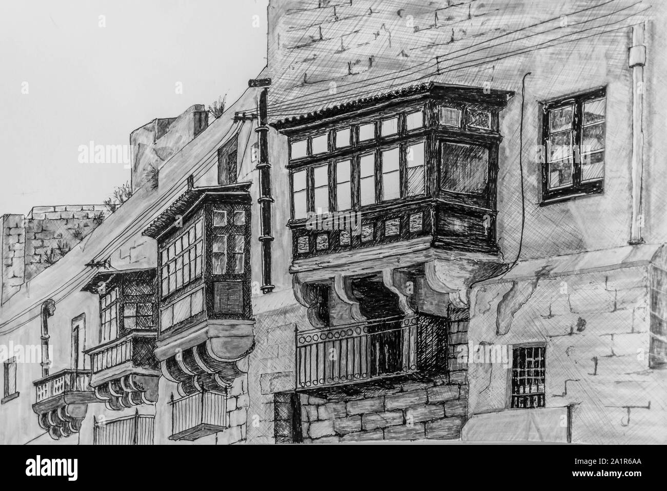 Typische Gebäude von Valletta, Malta. In Feder und Tinte aus original Foto von mir genommen! Stockfoto