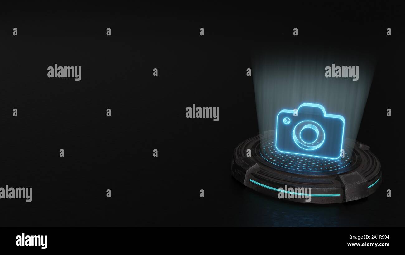 Blaue Streifen digitale Laser 3D-Hologramm Symbol der Foto Kamera rendern auf alte Metall sci-fi Pad Hintergrund Stockfoto