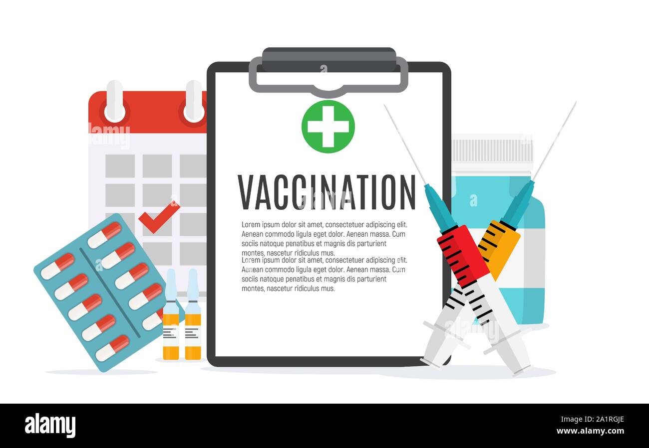 Impfung Konzept flachbild Hintergrund. Medizinische Kenntnisse, Polio Grippe Influenza Poster. Vector Illustration Stock Vektor