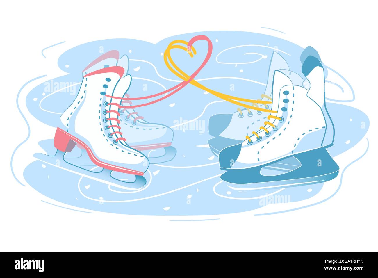 Männliche und weibliche Skates zusammen, Paar auf der Eisbahn. Zwei verschiedene Schlittschuh Stiefel mit Liebe Herz Zeichen aus Schnürsenkel. Romantischen Winterurlaub Postkarte Abbildung. Isoliert weißer Hintergrund Stock Vektor