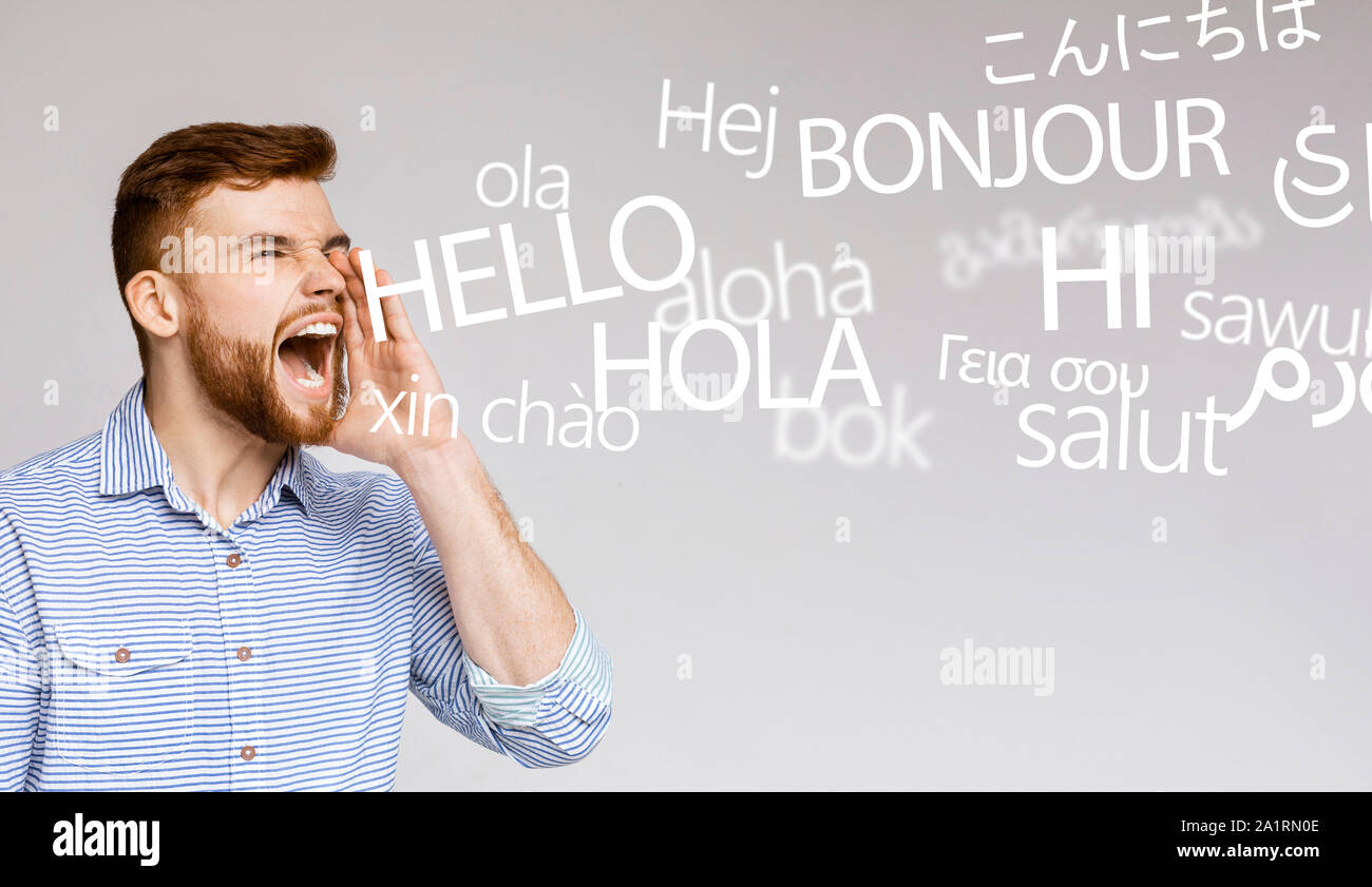 Crazy emotionale Menschen schreien Hallo in verschiedenen Sprachen Stockfoto