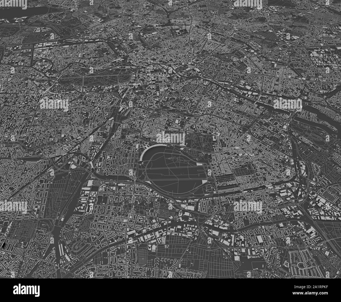 Satelliten Karte von Berlin und Umgebung, Deutschland. Karte Straßen, Straßen und Autobahnen, Eisenbahnlinien, Flüsse Stockfoto