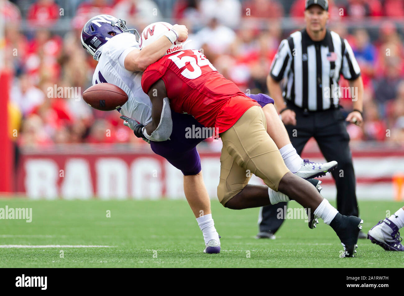 Madison, WI, USA. 28 Sep, 2019. Wisconsin Dachse linebacker Chris Orr #54 Schlägen den Ball aus den Händen der nordwestlichen Wildkatzen quarterback Aidan Smith #11. Die Dachse erholt der Fumble in der NCAA Football Spiel zwischen dem nordwestlichen Wildkatzen und die Wisconsin Badgers in Camp Randall Stadium in Madison, WI. Wisconsin besiegt Nordwestlichen 24-15. John Fisher/CSM/Alamy leben Nachrichten Stockfoto