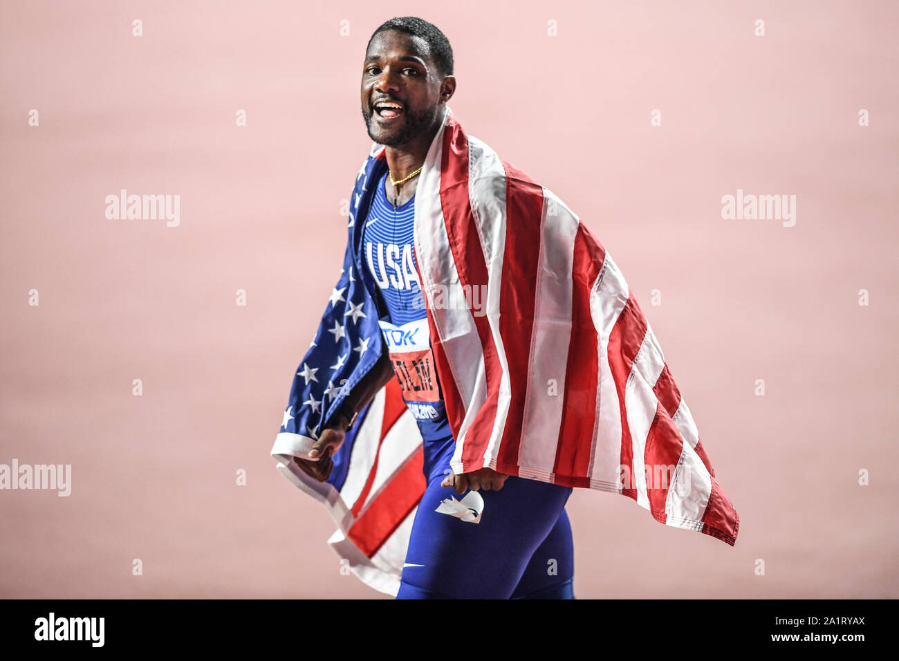 Justin Gatlin (USA) gewinnt die Silbermedaille im 100 m Männer Finale. IAAF Leichtathletik WM, Doha 2019 Stockfoto