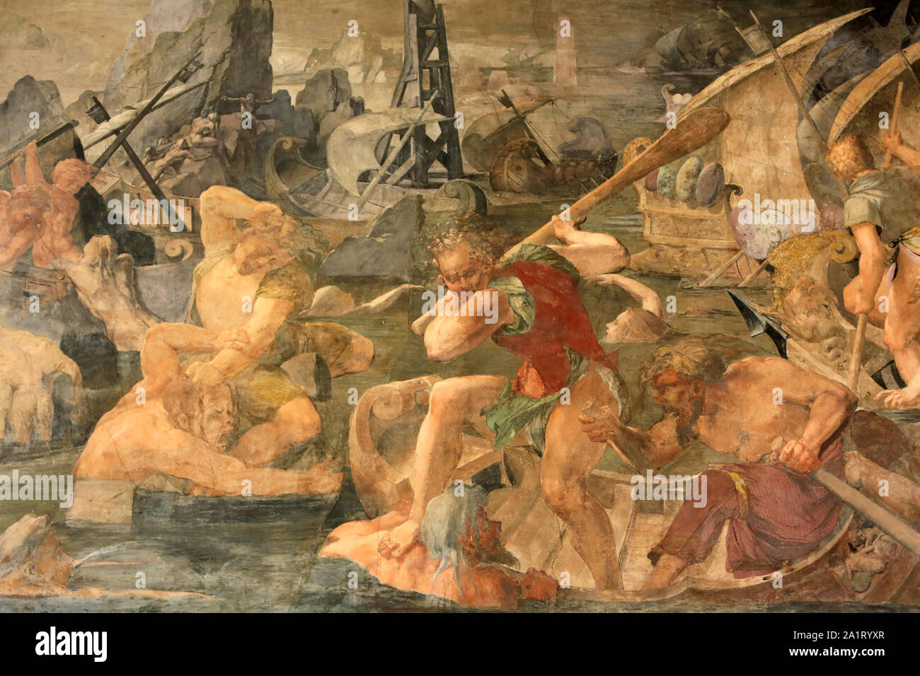 Die Rache des Nauplius. Fresko des italienischen manieristischen Malers Rosso Fiorentino (1535-1537). Palast von Fontainebleau. Frankreich. Stockfoto