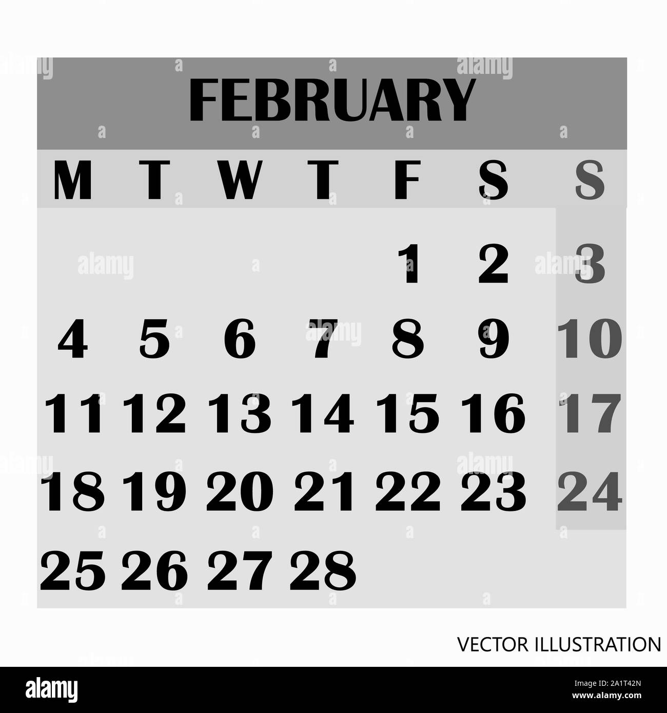 Kalender design Monat Februar 2019. 2019 Kalender. Einfaches Design für Kalender 2019. Kalender für Organisation und Business. Woche beginnt am Montag. Die weißen und schwarzen Hintergrund. Stockfoto