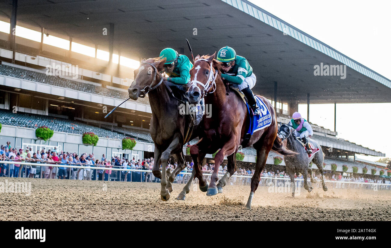 Elmont, New York, USA. 28 Sep, 2019. September 28, 2019: Ehrenkodex #2, von John Velazquez und Vino Rosso #3, geritten von irad Ortiz, Schlacht um den Draht im Jockey Club Gold Cup während der Jockey Club Gold Cup Day an der Belmont Park Race Track in Elmont, New York geritten. Vino Rosso zuerst beendet, wurde aber disqualifiziert und Ehrenkodex wurde zuerst platziert. Scott Serio/Eclipse Sportswire/CSM/Alamy leben Nachrichten Stockfoto