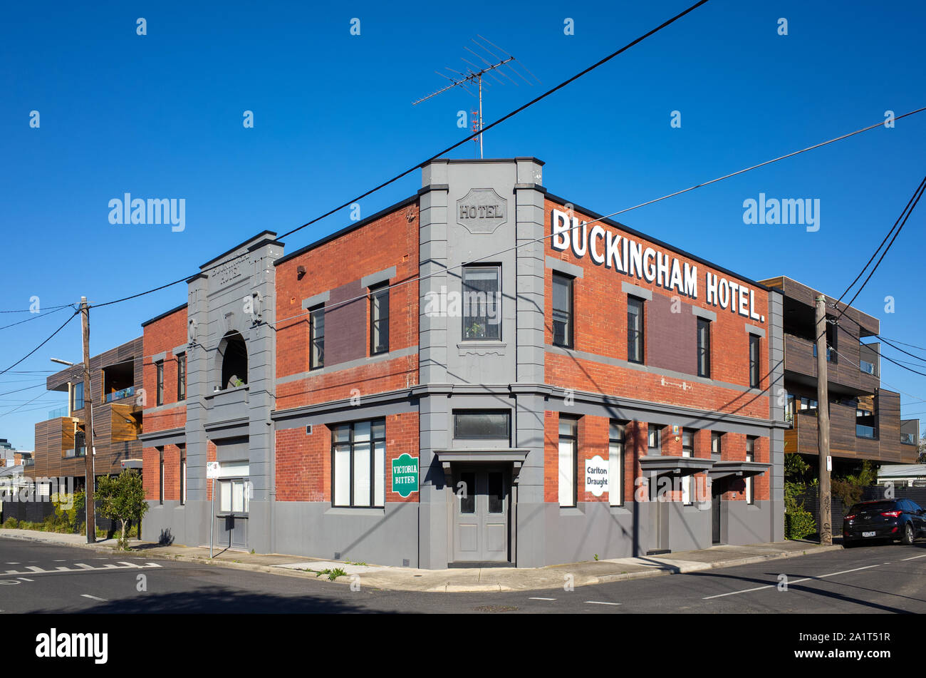 Das Gebäude des Buckingham Hotel, es war eines der ältesten Pubs in Footscray. Das Gebäude hat nun in Wohnungen übertragen wurden. Stockfoto
