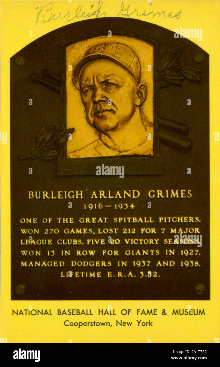 National Baseball Hall of Fame souvenir Postkarte mit Plakette und von Burleigh Grimes kennzeichnete. Stockfoto
