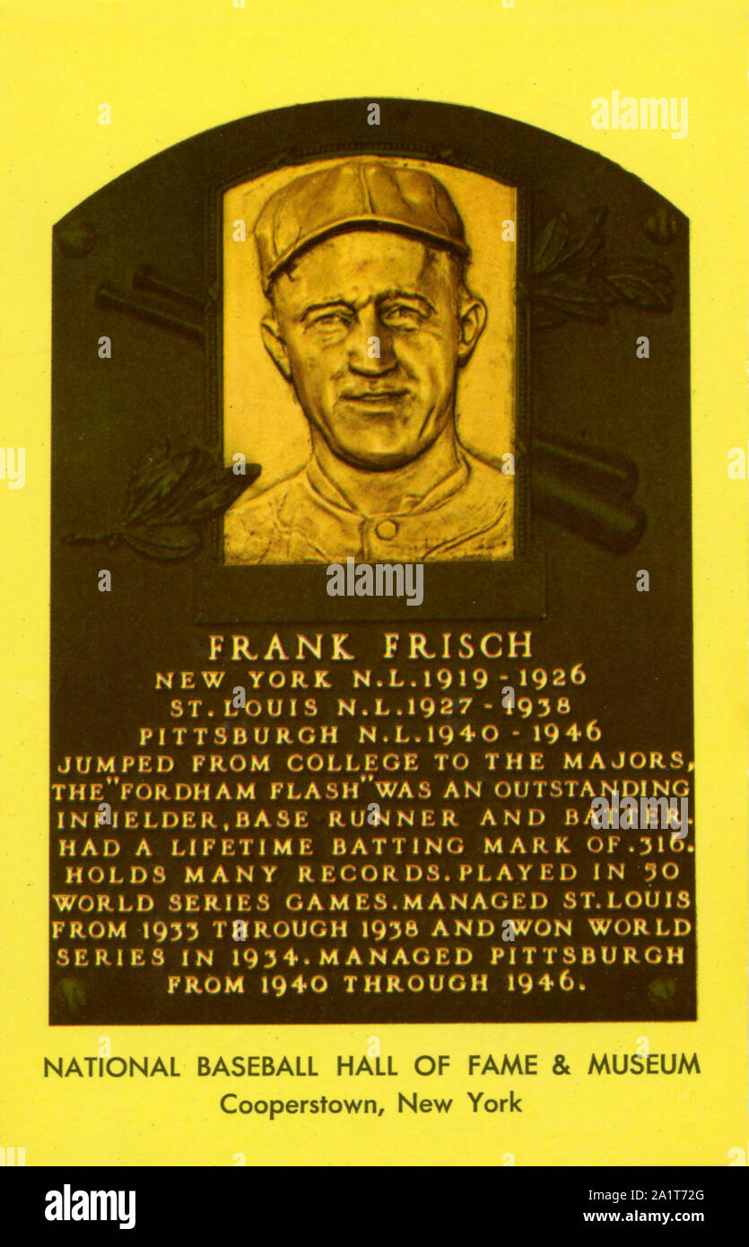 National Baseball Hall of Fame souvenir Postkarte, die Plaque von Frank Frisch. Stockfoto