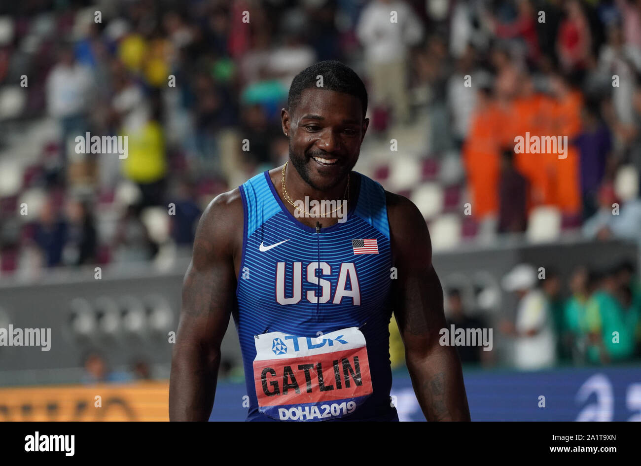 Doha, Katar. 28 Sep, 2019. Justin Gatlin der Vereinigten Staaten reagiert, nachdem die Männer 100 m-Finale bei den 2019 IAAF Weltmeisterschaften in Doha, Katar, Sept. 28, 2019. Credit: Jia Yuchen/Xinhua/Alamy leben Nachrichten Stockfoto