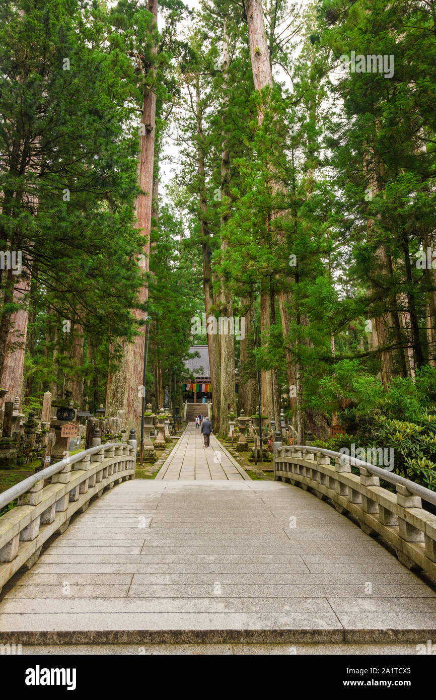 Wakayama, Japan - 23. Juli 2019: Ichinohashi steinerne Brücke zu Kobo Daishi das Mausoleum am Weltkulturerbe Koyasan führt. Stockfoto