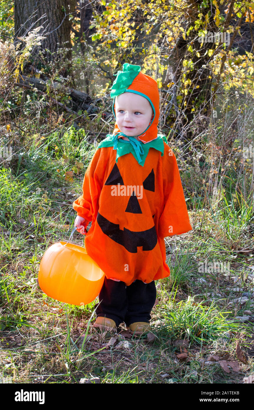 Ein süßer kleiner Junge in einen Kürbis Kostüm gekleidet, und alles ist bereit für den Trick oder Festlichkeit und eine Halloween Party Stockfoto