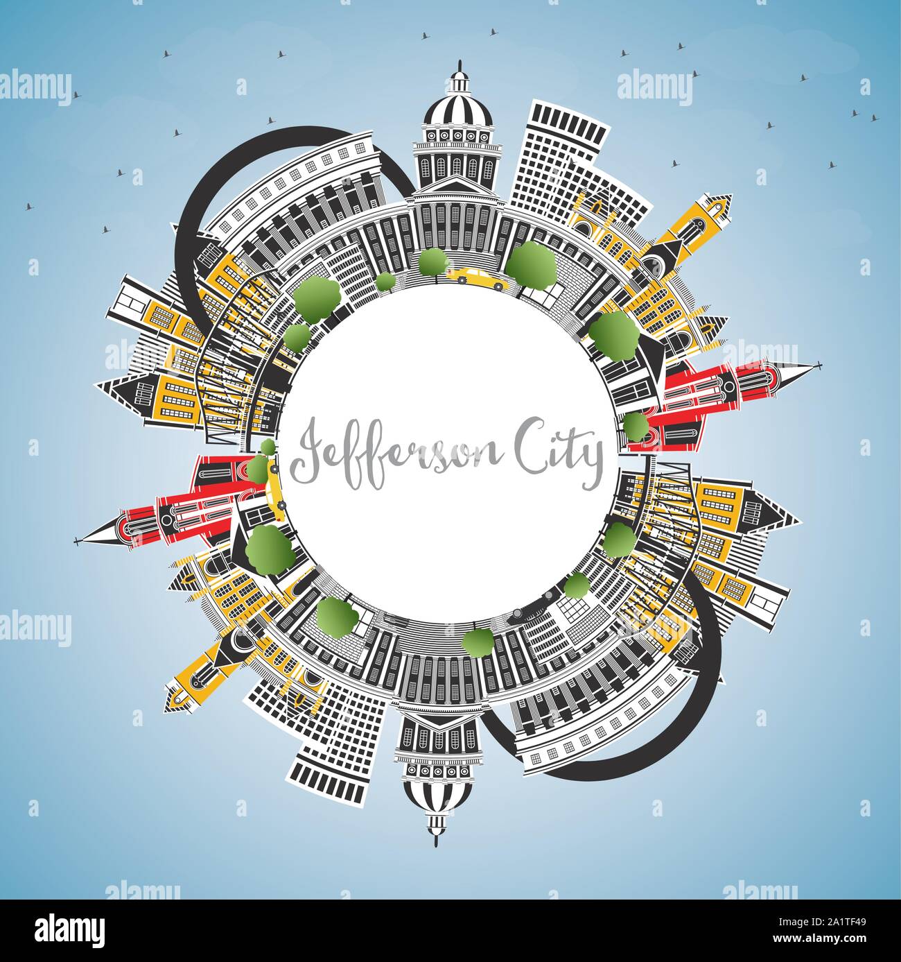 Jefferson City Missouri Skyline mit Farbe Gebäude, blauer Himmel und Kopieren. Vector Illustration. Tourismus Konzept mit historischer Architektur. Stock Vektor