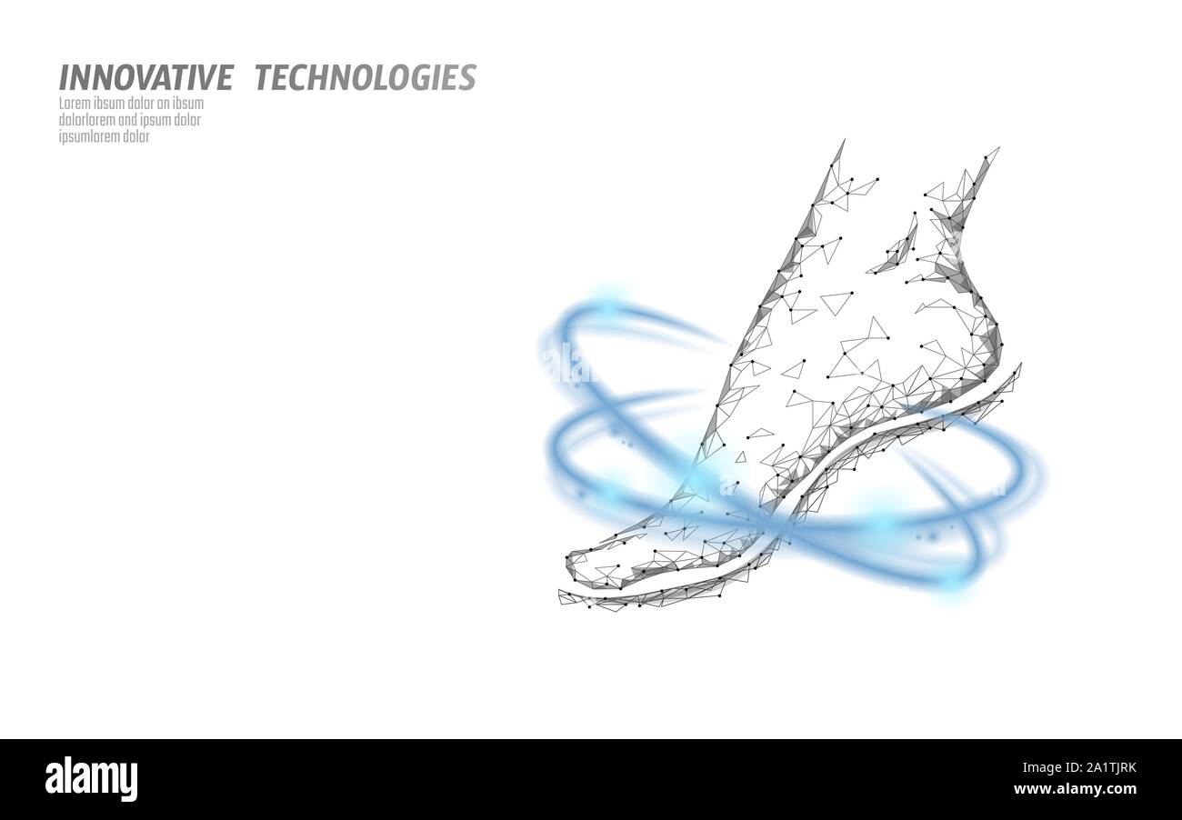 Schuhe Technologie Wissenschaft Fitness Flexibilität. Mensch Frau Fitness Fuß glühende Ringe. Futuristisches, polygonales Sportschuhdesign mit geringem Poly-Design. Vektor Stock Vektor