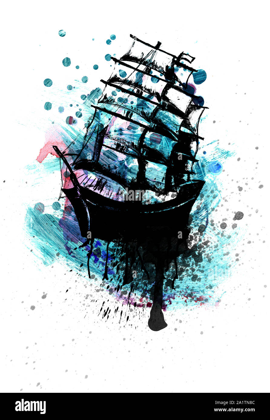 Alte Segel schiff, fregatte im Meer detaillierte Skizze. Stockfoto