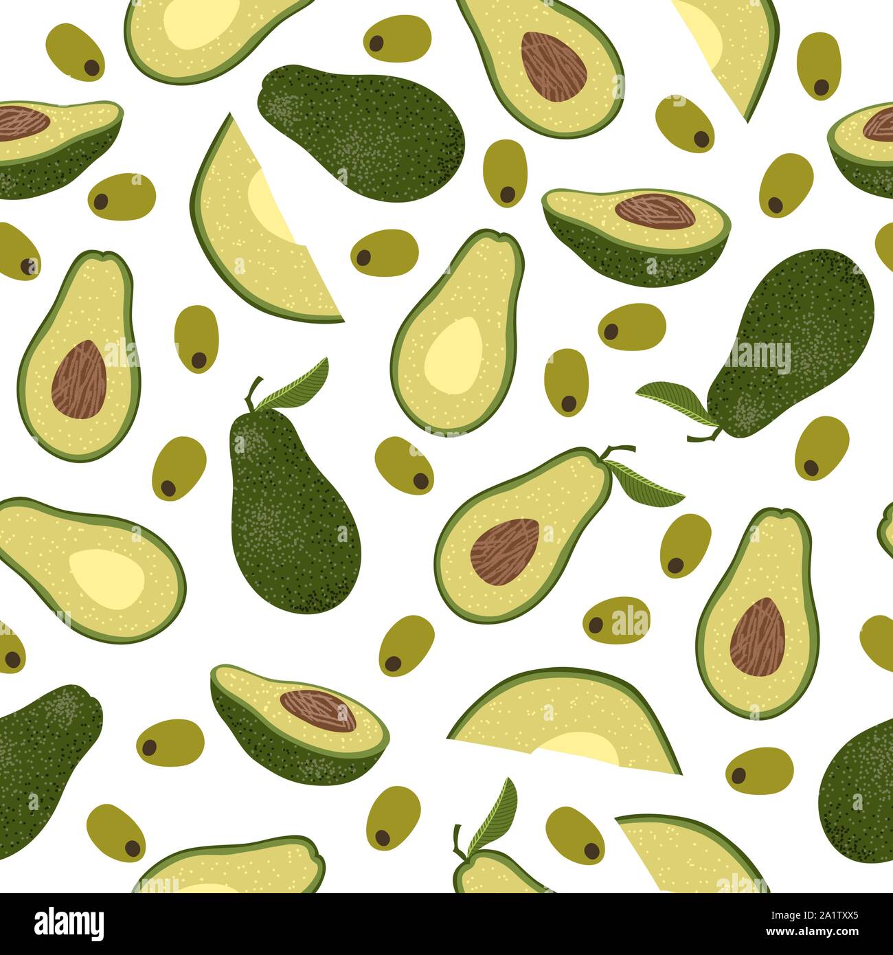 Vektor nahtlose Muster mit bunten Avocado - die Hälfte, Slice, ganz und geschnitten. Cartoon Hand zeichnen cute Flachbild Abbildung auf Weiß Stock Vektor