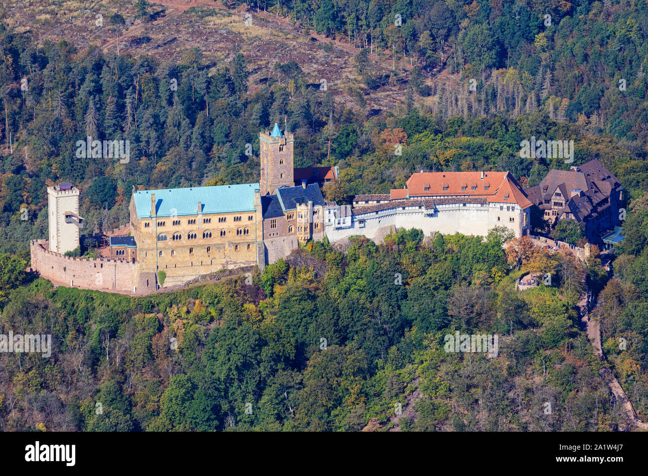 Die Wartburg in Eisenach, Deutschland, wo Martin Luther die Bibel ins Deutsche übersetzt. Stockfoto