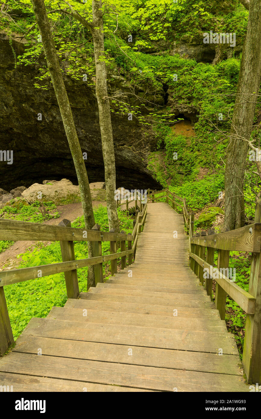Eine Höhle mit Treppe, die zum Eingang. Stockfoto