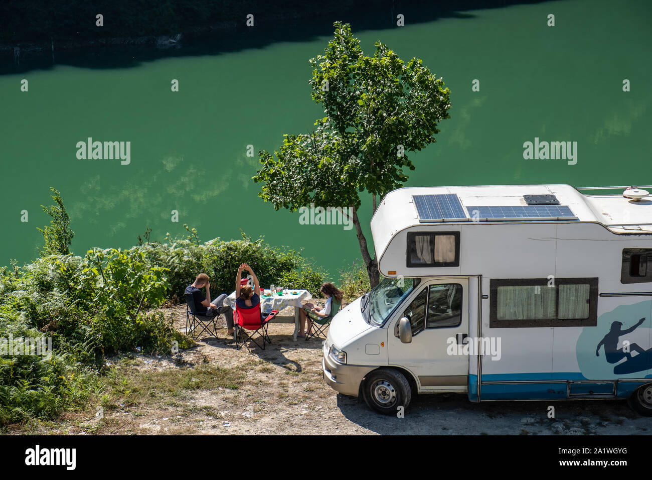 Familienurlaub reisen RV, Urlaub im Reisemobil, Caravan Auto Vermietungen Stockfoto